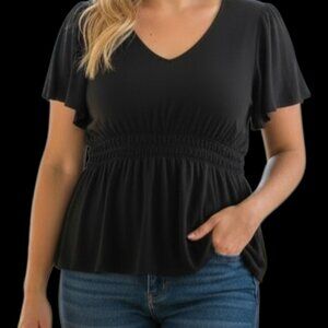 Torrid Size 3 Black Babydoll Peplum Top Stretch Rayon V-Neck Plus Size